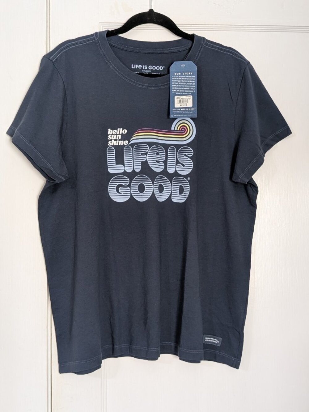 Life Is Good Women's XL T-Shirt Crusher Tee Navy Groovy Hello Sunshine NWT